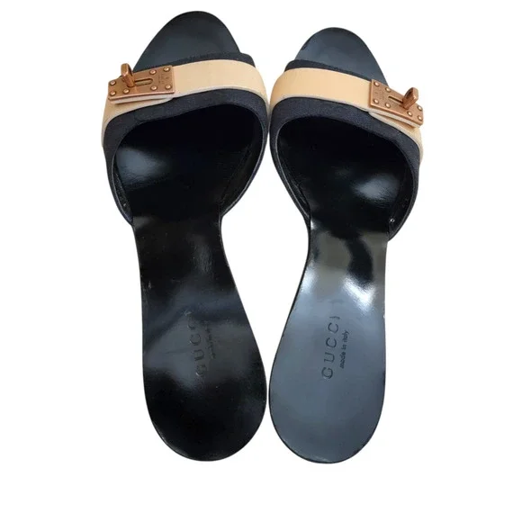 Gucci Black Beige Patent Leather GG Logo Turnlock Mule Slides 37 US 7 - Picture 8 of 17